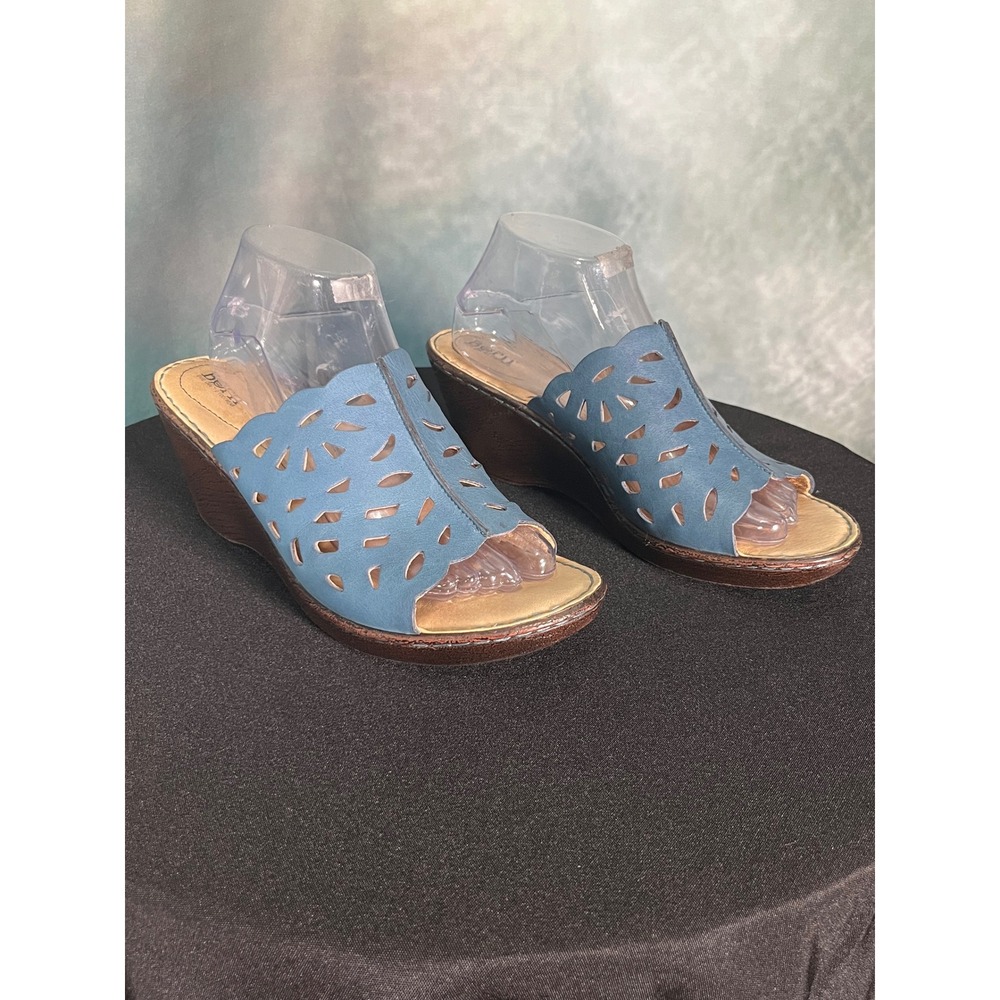 Born‎ Womens Blue Leather Laser Cut Wedge Sandals Scalloped Slide Mules Size 10M